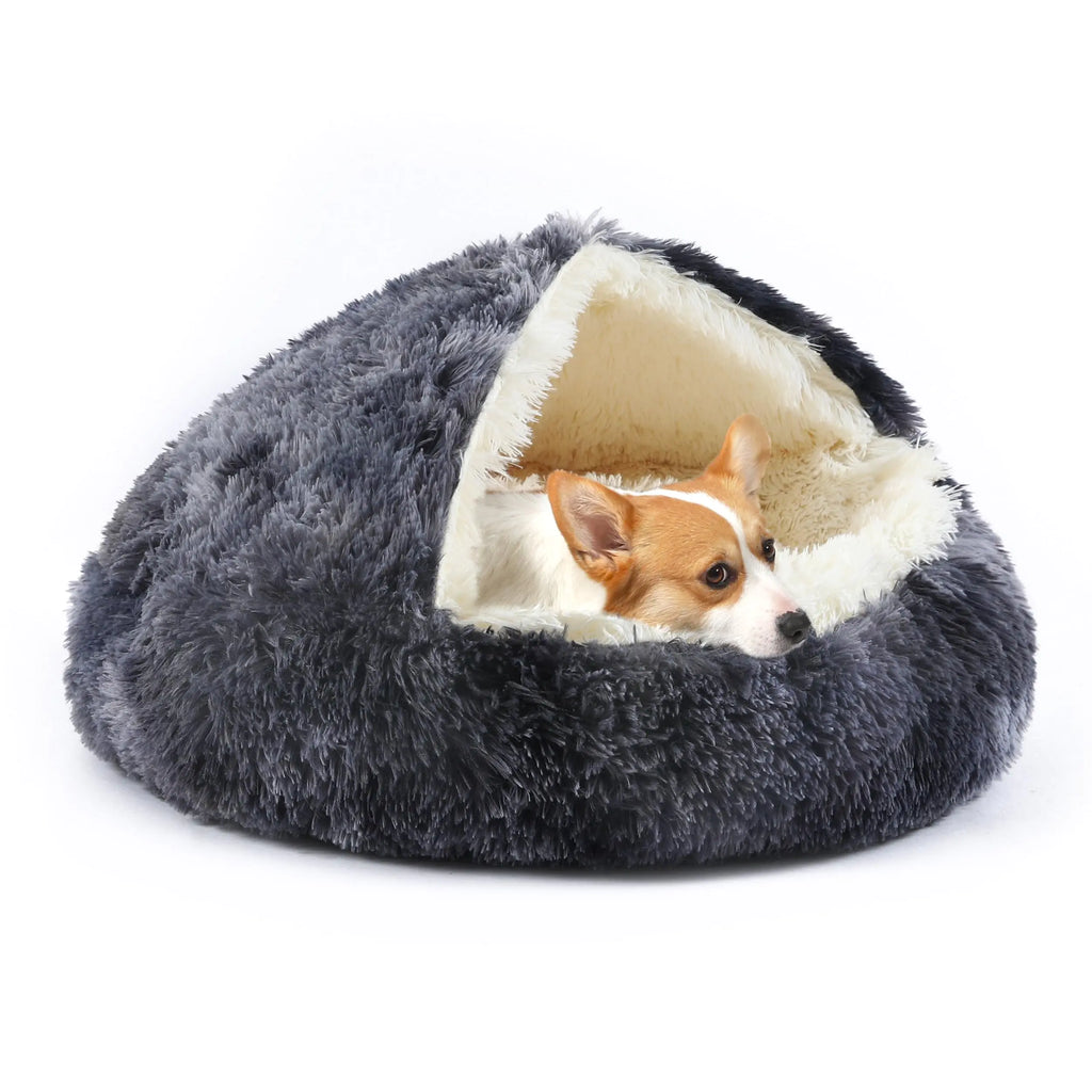 KITTYWOO Dog Bed comfyHood Dog Bed: Plush Round Pet Cave