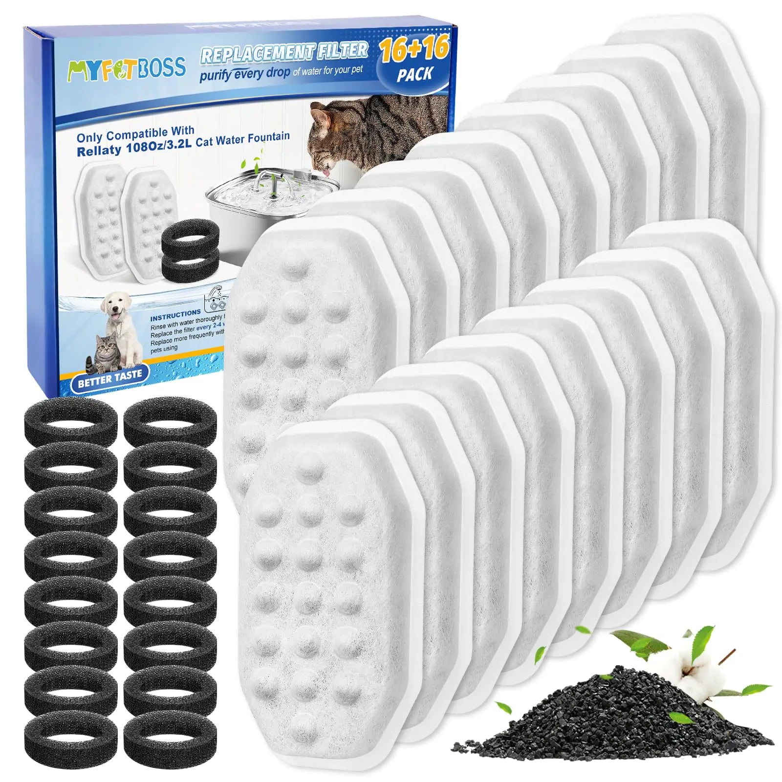 MyfatBOSS 12+12 Pack Cat Water Fountain Filters Compatible with Rellaty Cat Water Fountain Stainless Steel 108oz/3.2L Cat Fountain Filter Replacement for Automatic Pet Fountain Dog Water Dispenser